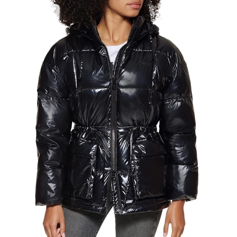 Levi’s Black Gloss Shell Puffer Hoodie Size XXL NWOT